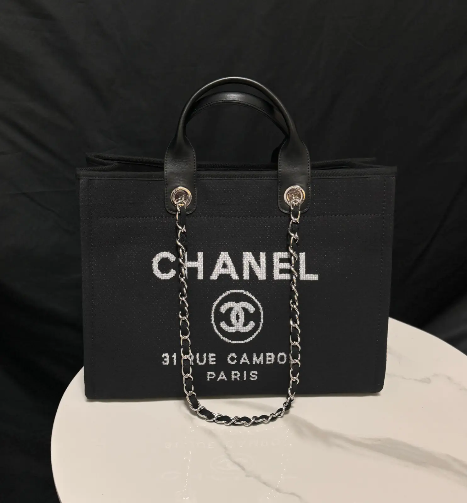 Chanel Black Tote Bag with White Logo Text image 1