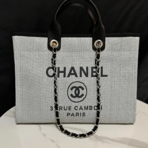 Chanel Light Gray Tote Bag with Black Logo Print image 1