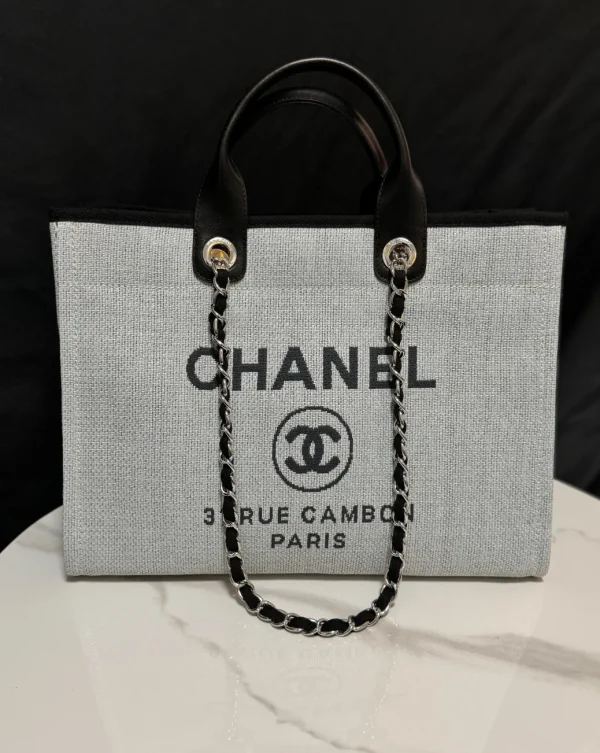 Chanel Light Gray Tote Bag with Black Logo Print image 1