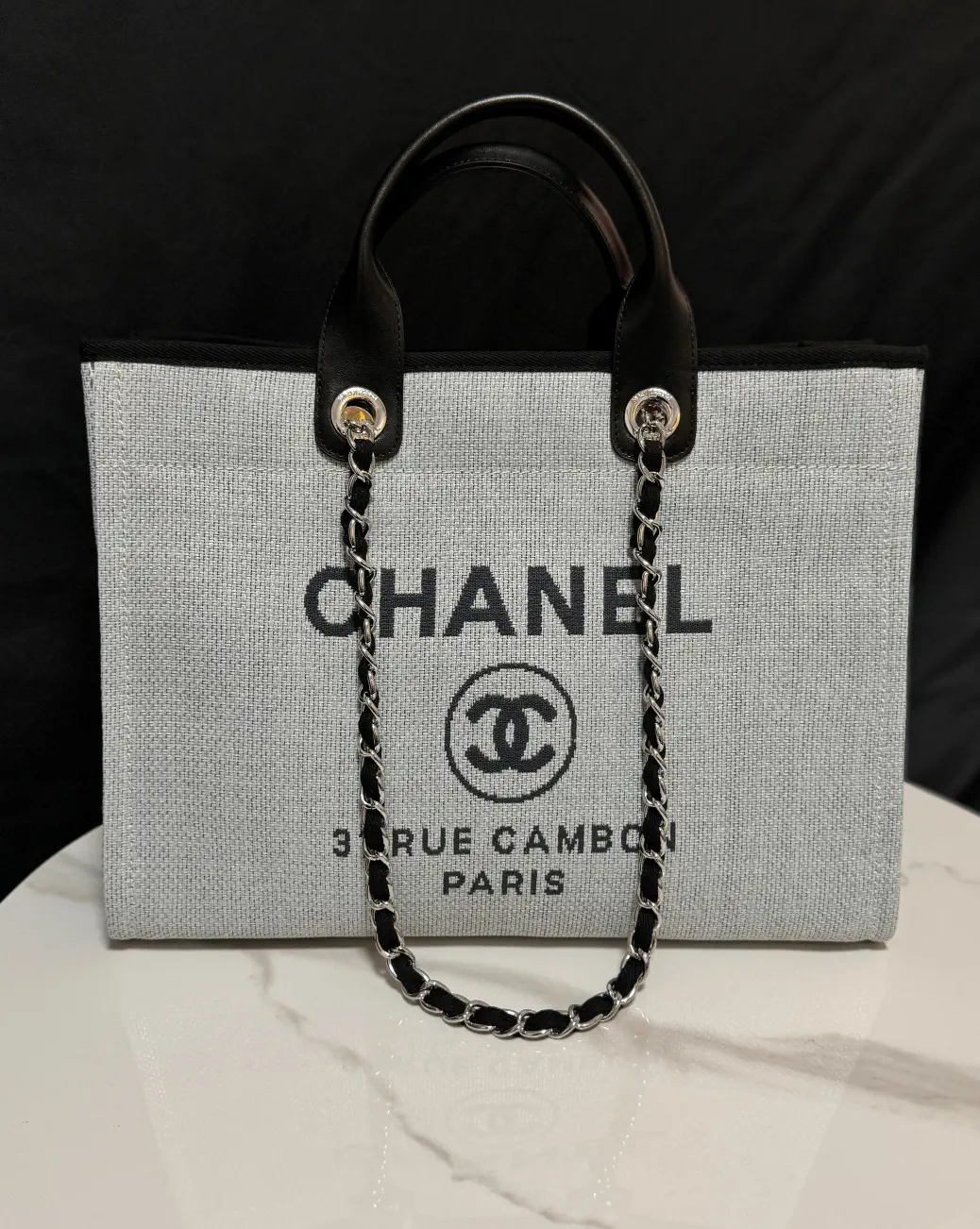 Chanel Light Gray Tote Bag with Black Logo Print image 1