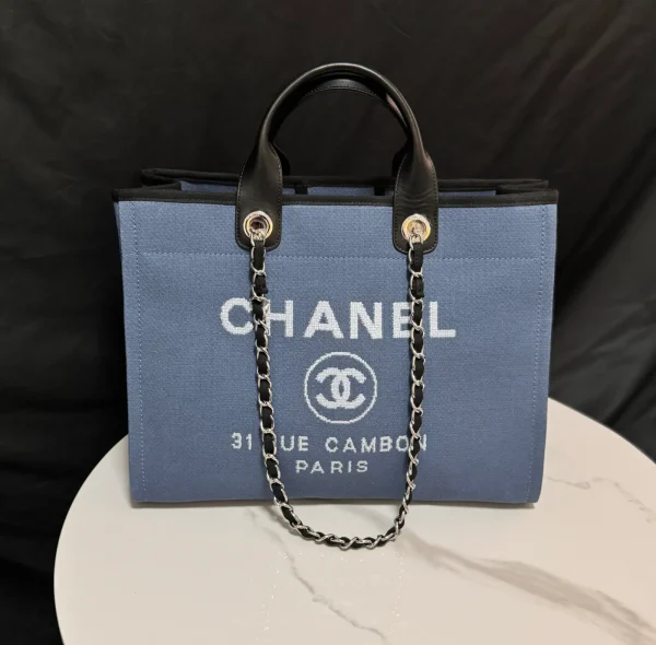 Chanel Blue Tote Bag with White Logo Text image 1