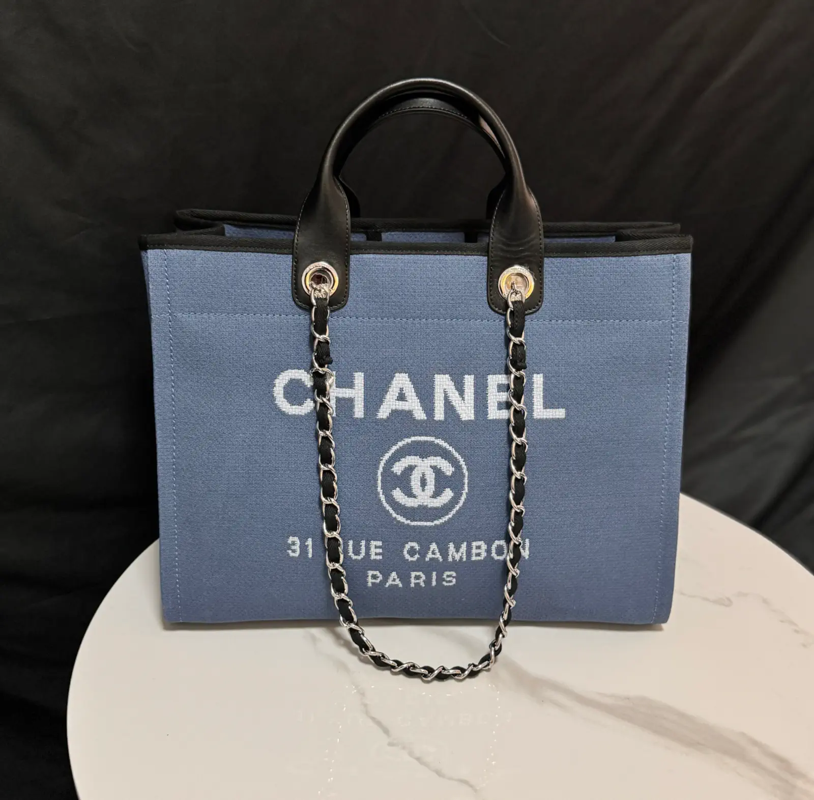 Chanel Blue Tote Bag with White Logo Text image 1