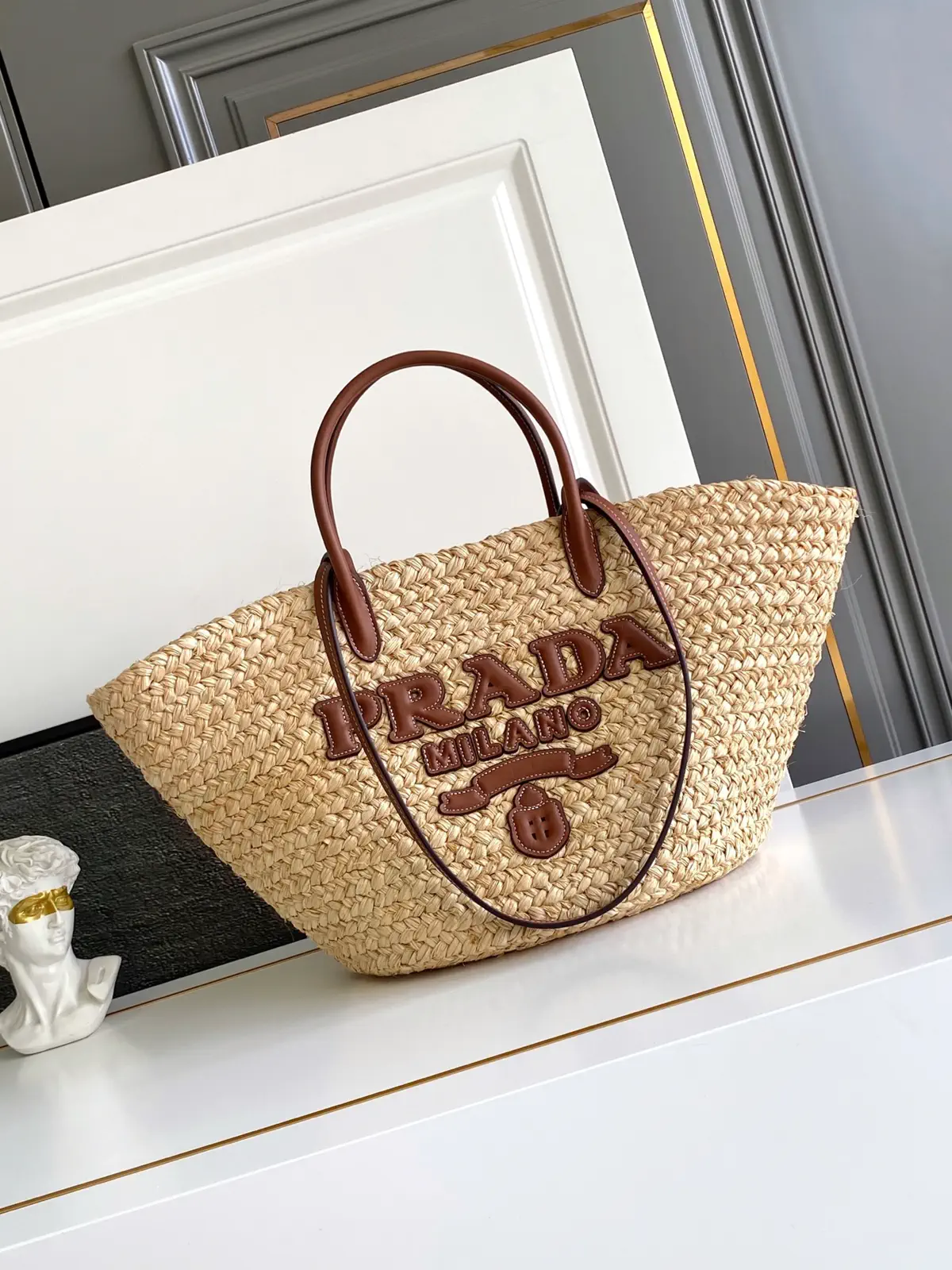 Prada Raffia Tote Bag with Leather Details image 1