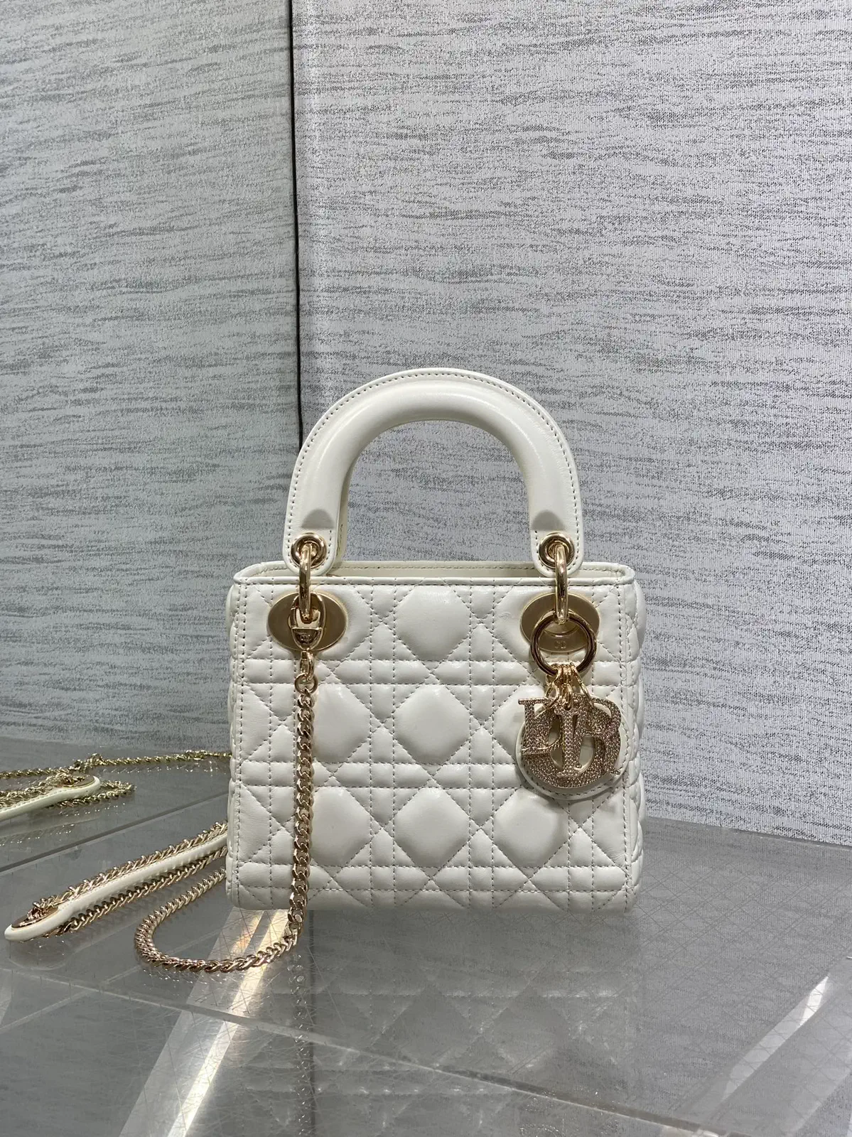 Dior White Quilted Top Handle Bag with Crystal Charm image 1