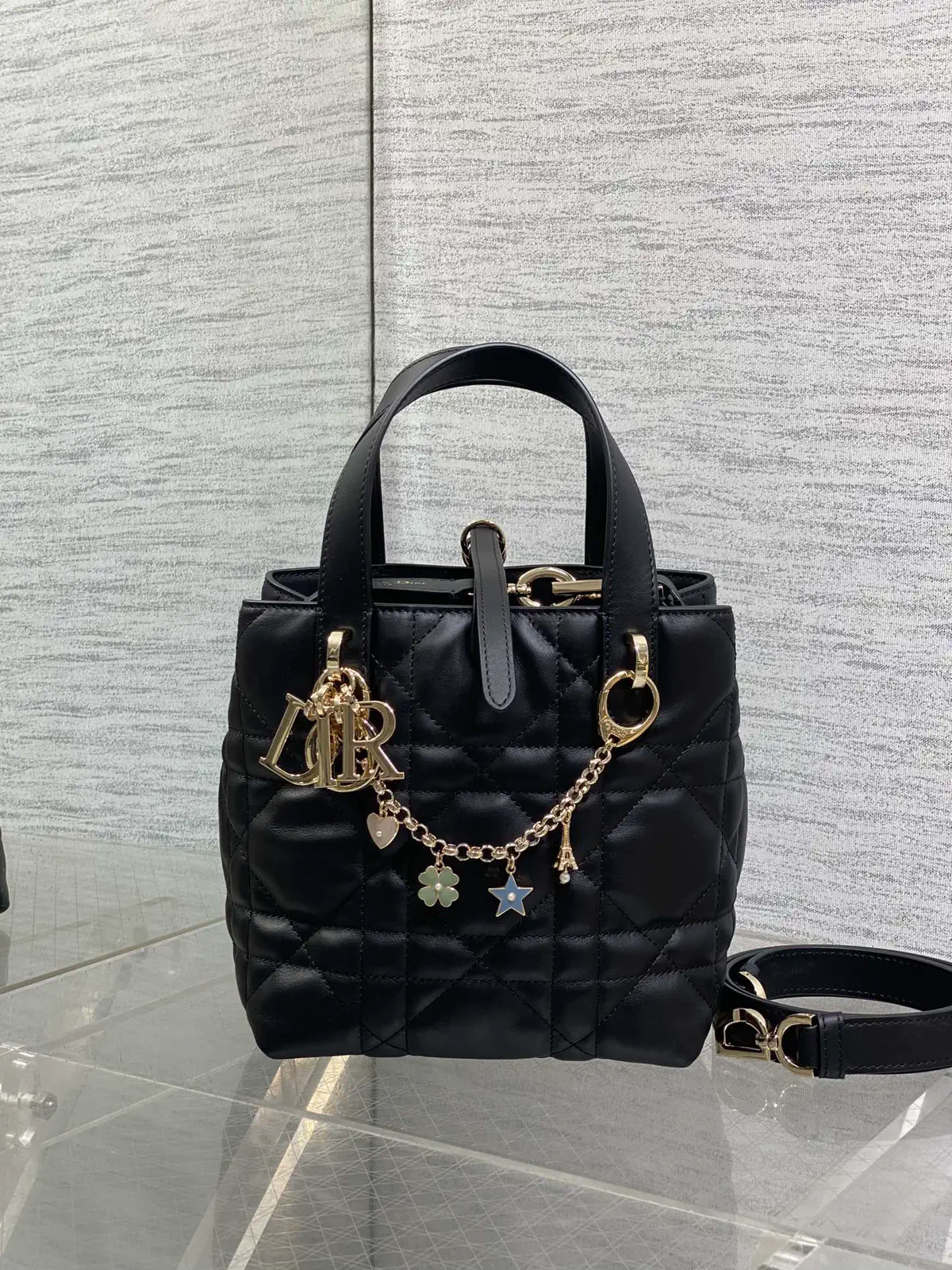 Dior Quilted Top Handle Bag with Charm Chain image 1