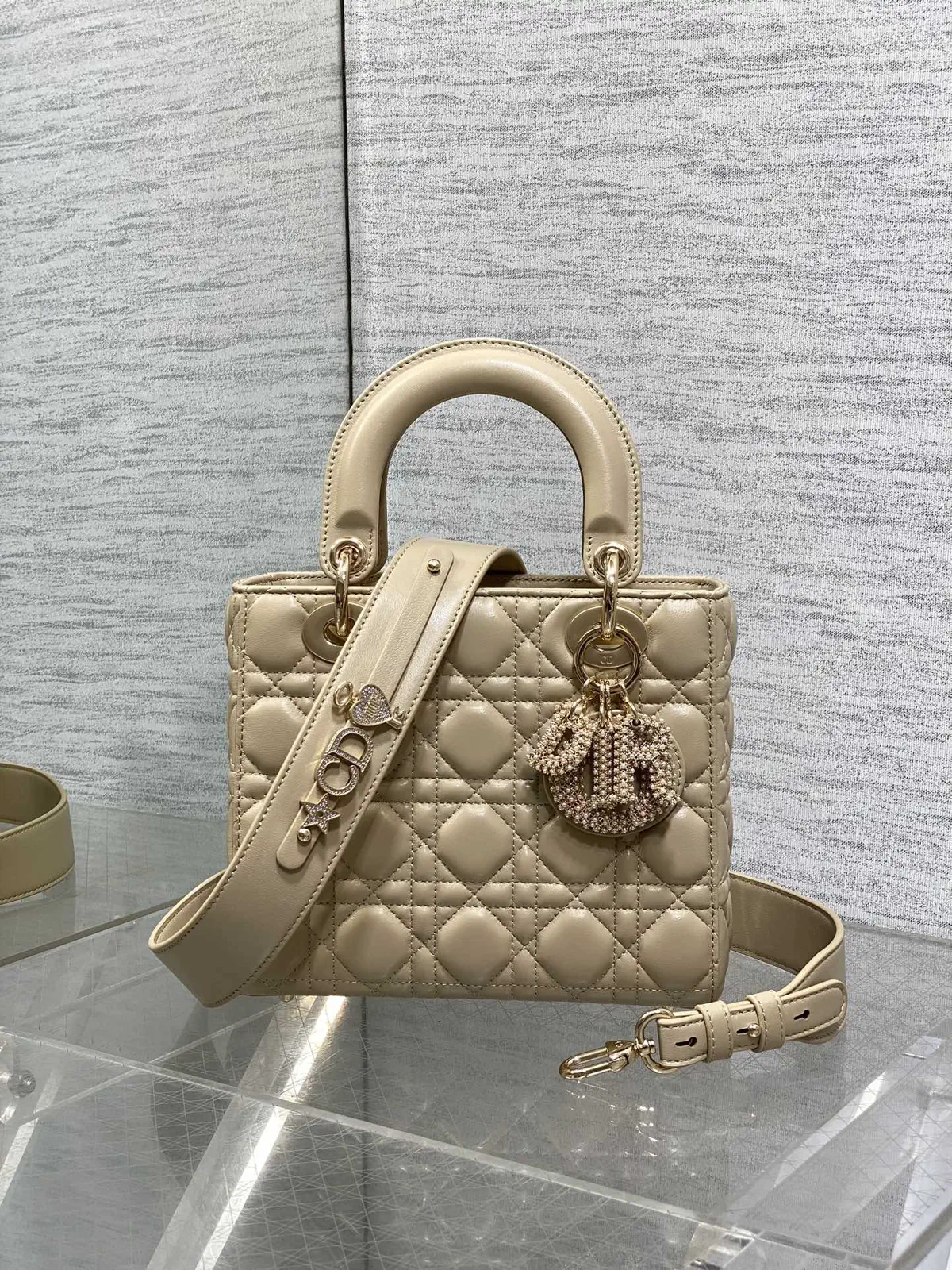 Dior Quilted Top Handle Bag with Pearl Charm image 1