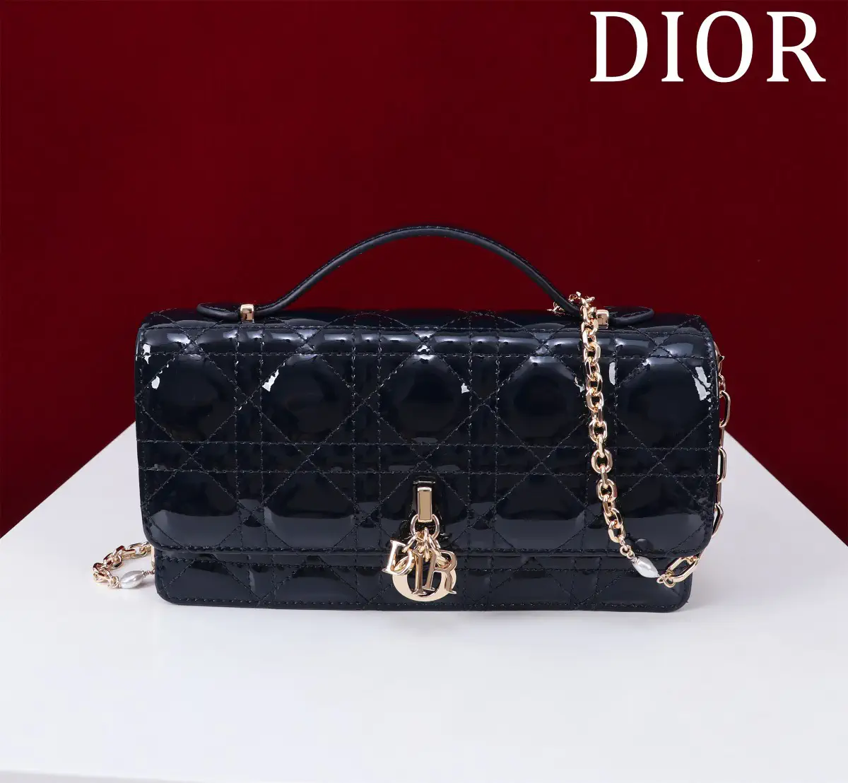 Dior Quilted Patent Top Handle Bag with Pearl Chain image 1
