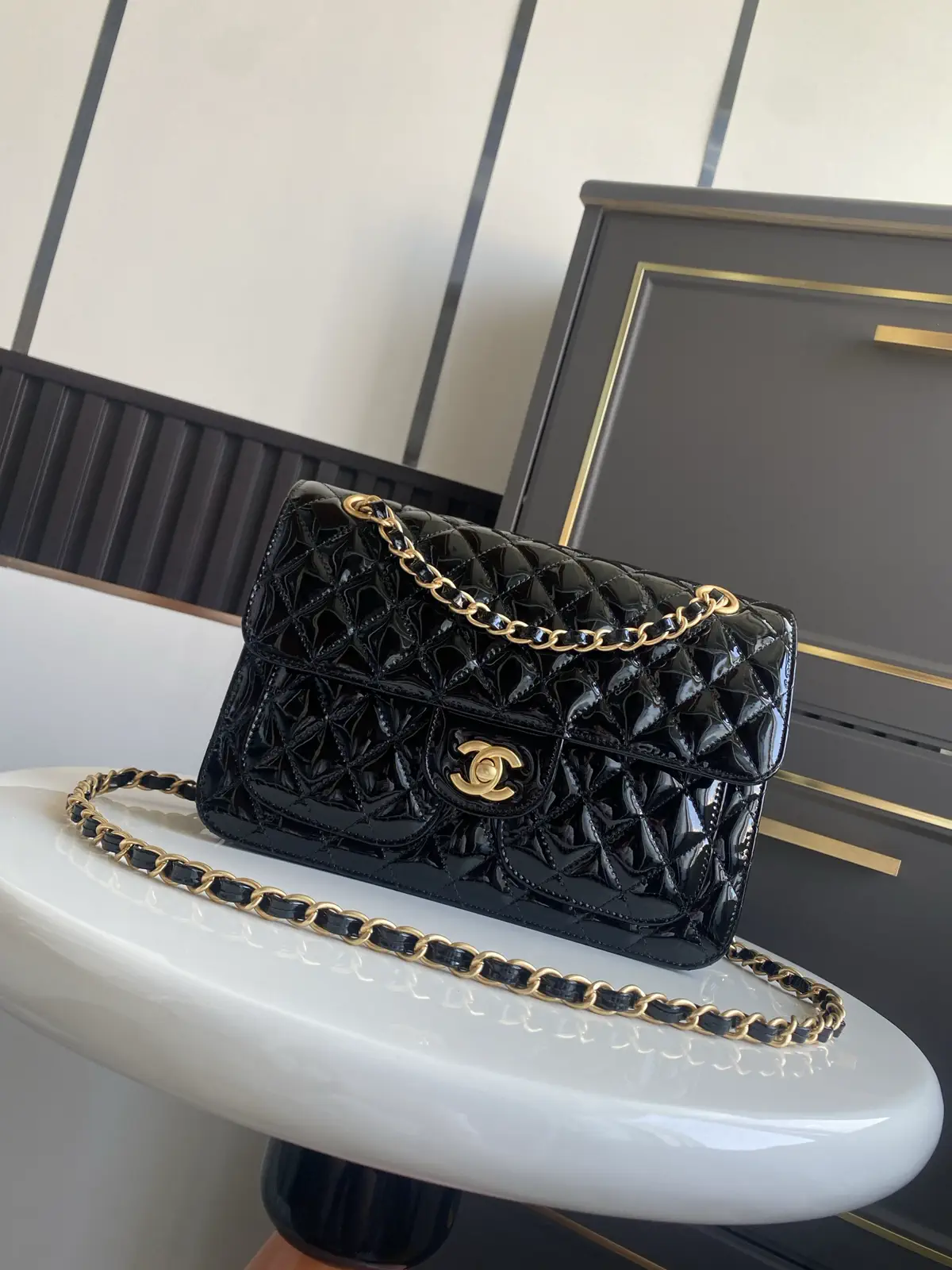 Chanel Black Quilted Patent Leather Shoulder Bag image 1