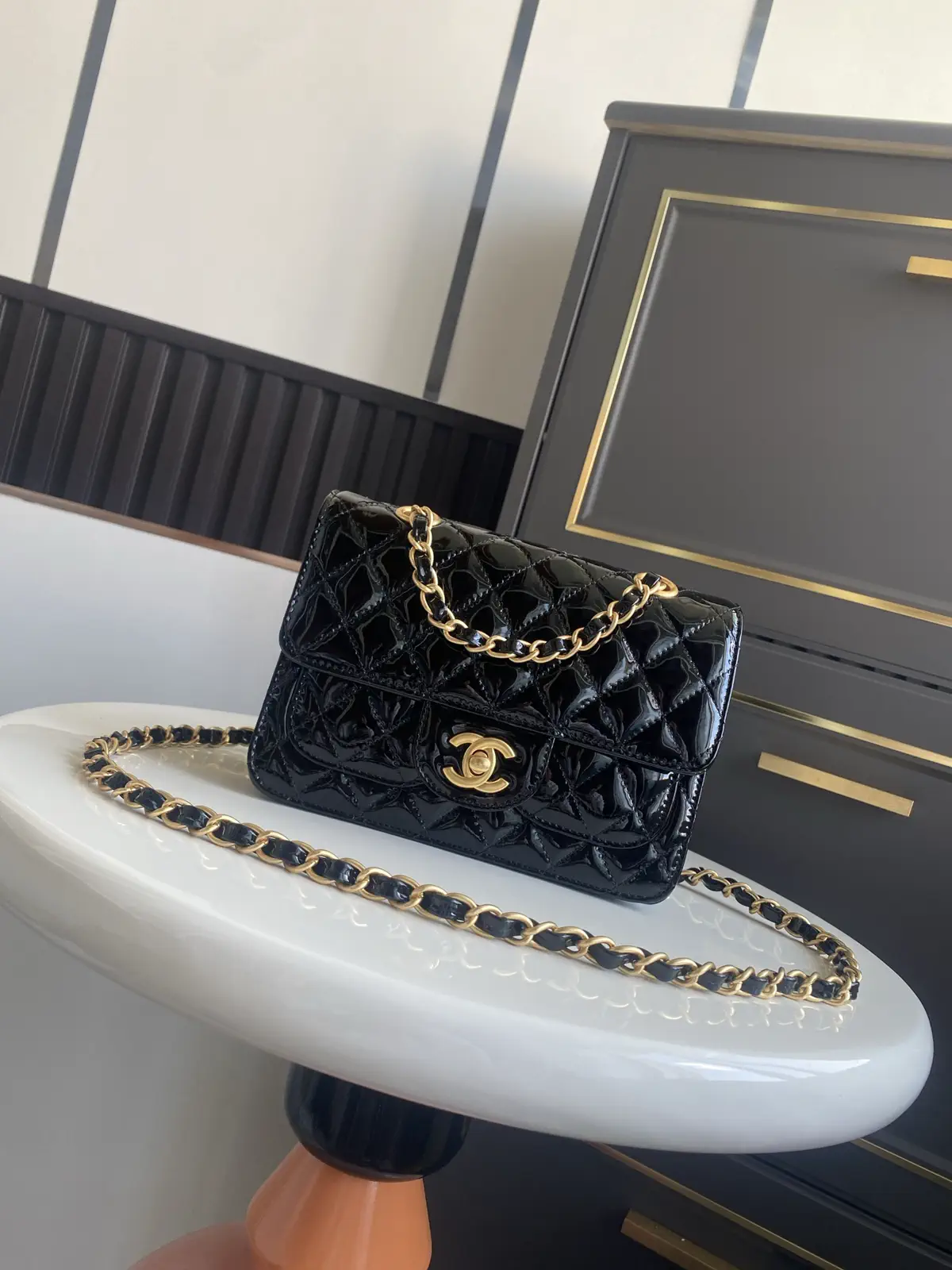 Chanel Black Quilted Patent Leather Double Pocket Chain Bag image 1