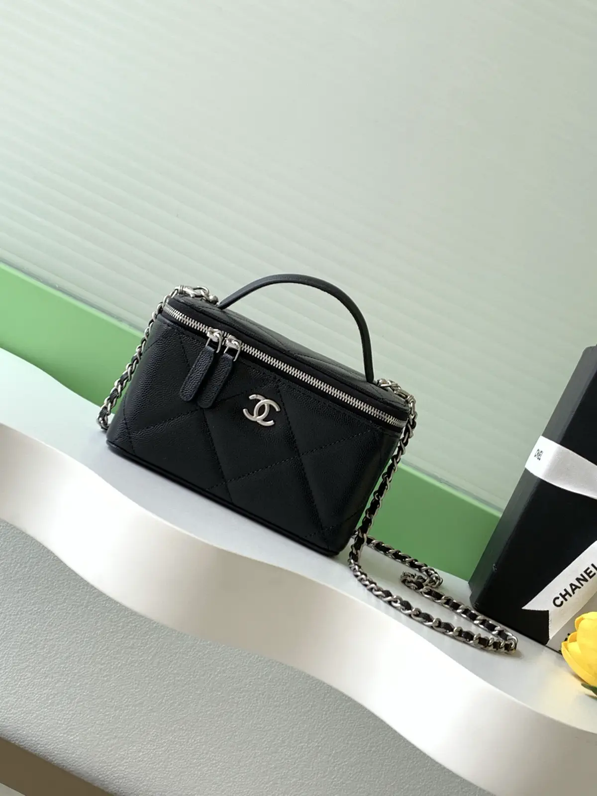 Chanel Black Quilted Box Bag with Top Handle and Chain Strap image 1