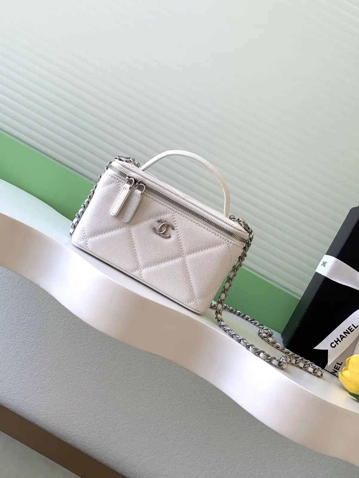 Chanel White Quilted Box Bag with Top Handle and Chain Strap image 1