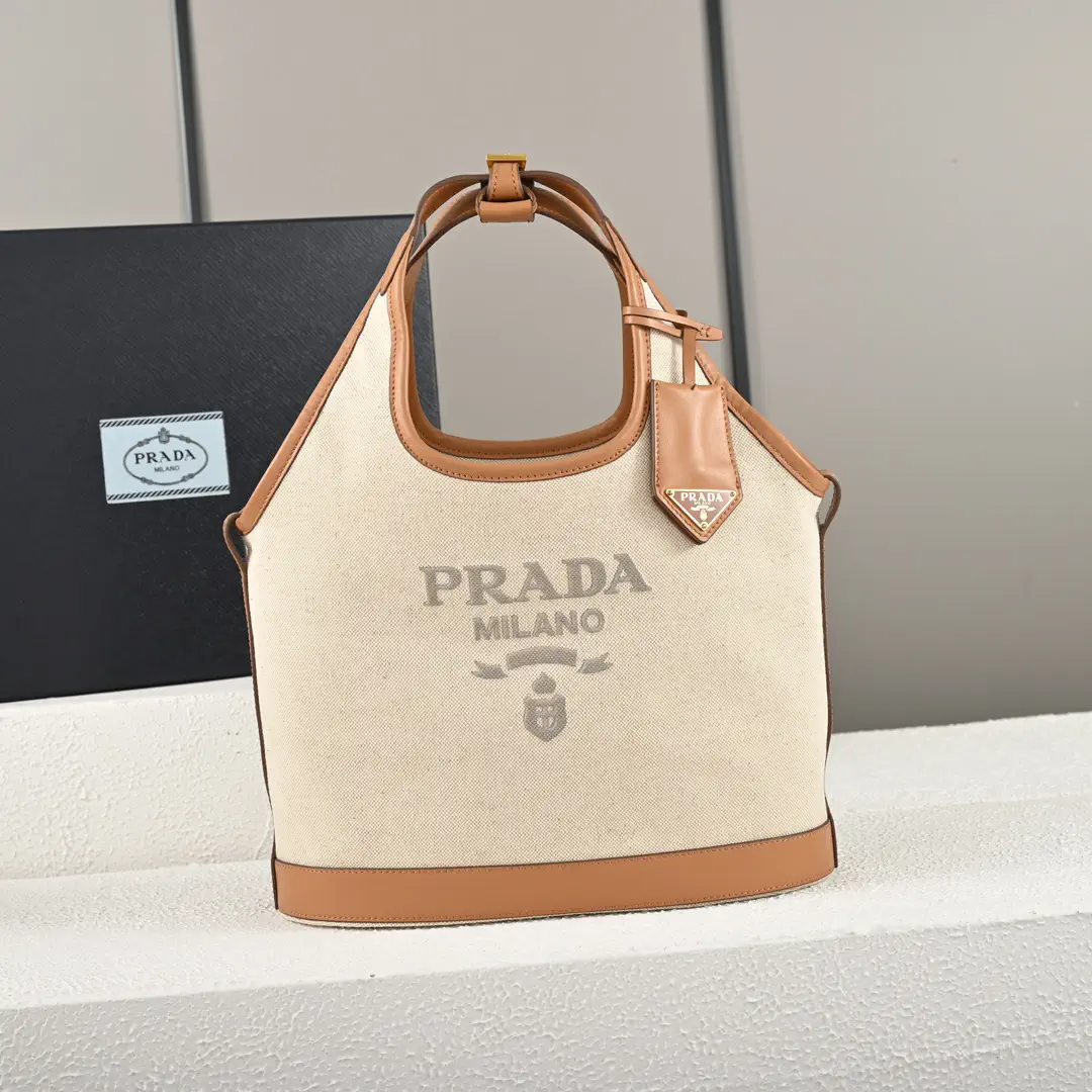 Prada Linen Blend Leather Trim Tote Bag image 1