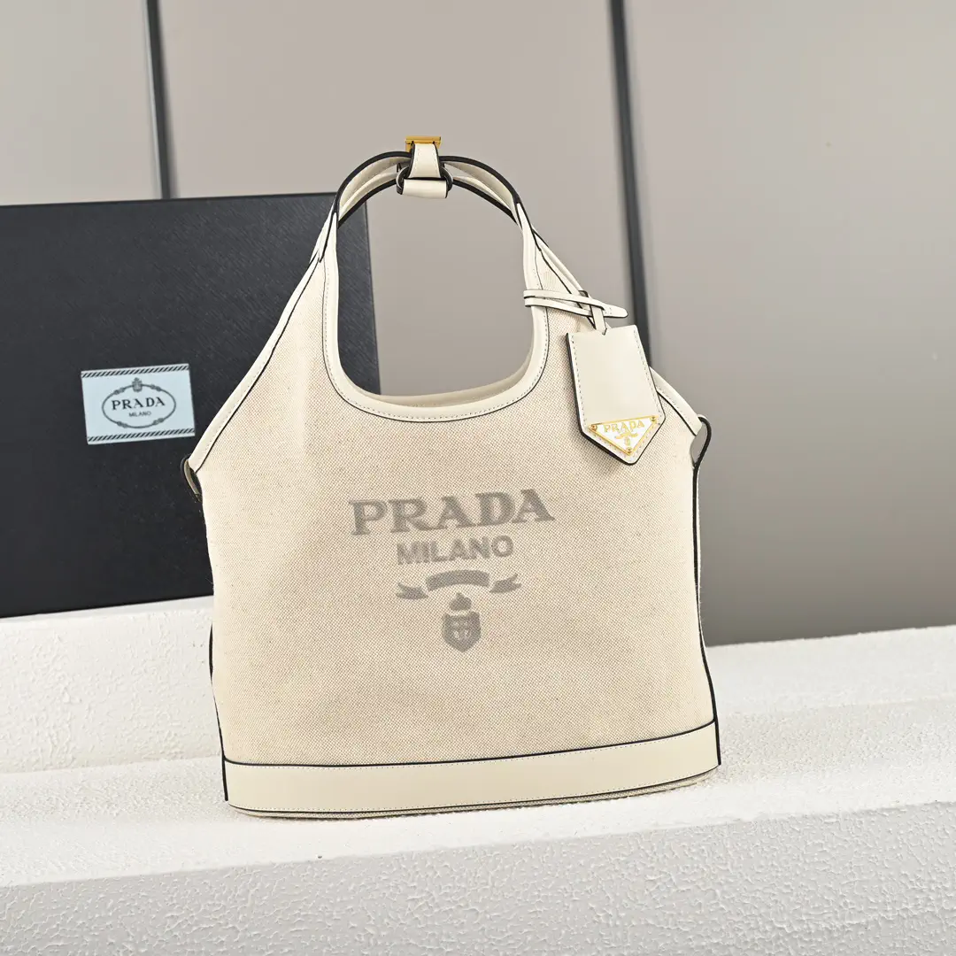 Prada Linen Blend Leather Trim Tote Bag image 1