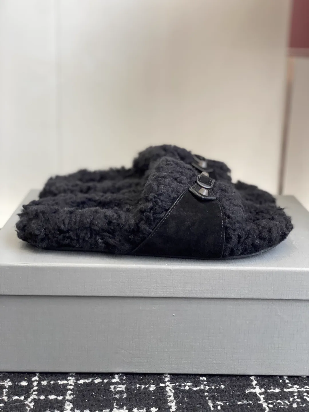 Furry Slide Slippers with Buckle Detail image 1