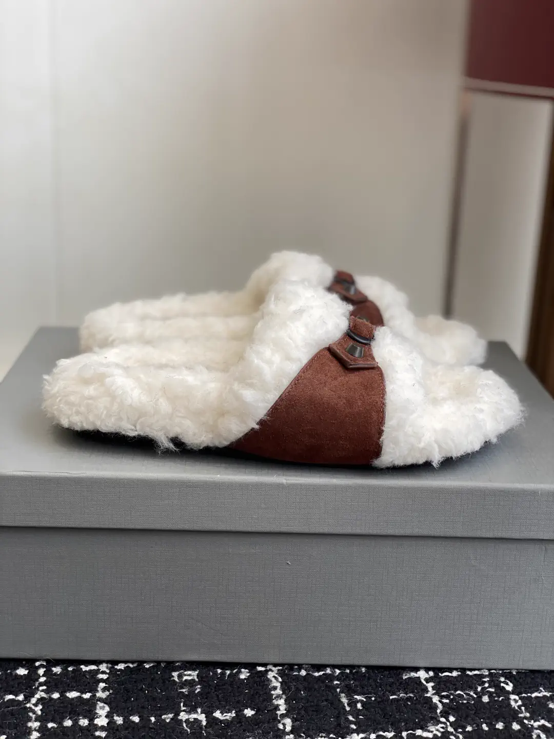 Furry Slide Slippers with Suede Strap image 1