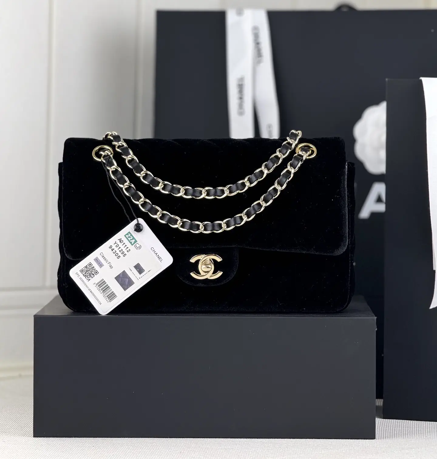 Chanel Black Quilted Velvet Classic Flap Shoulder Bag image 1