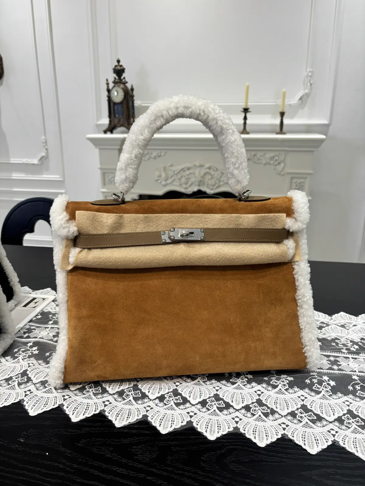 Hermès Shearling Trim Suede Top Handle Bag image 1