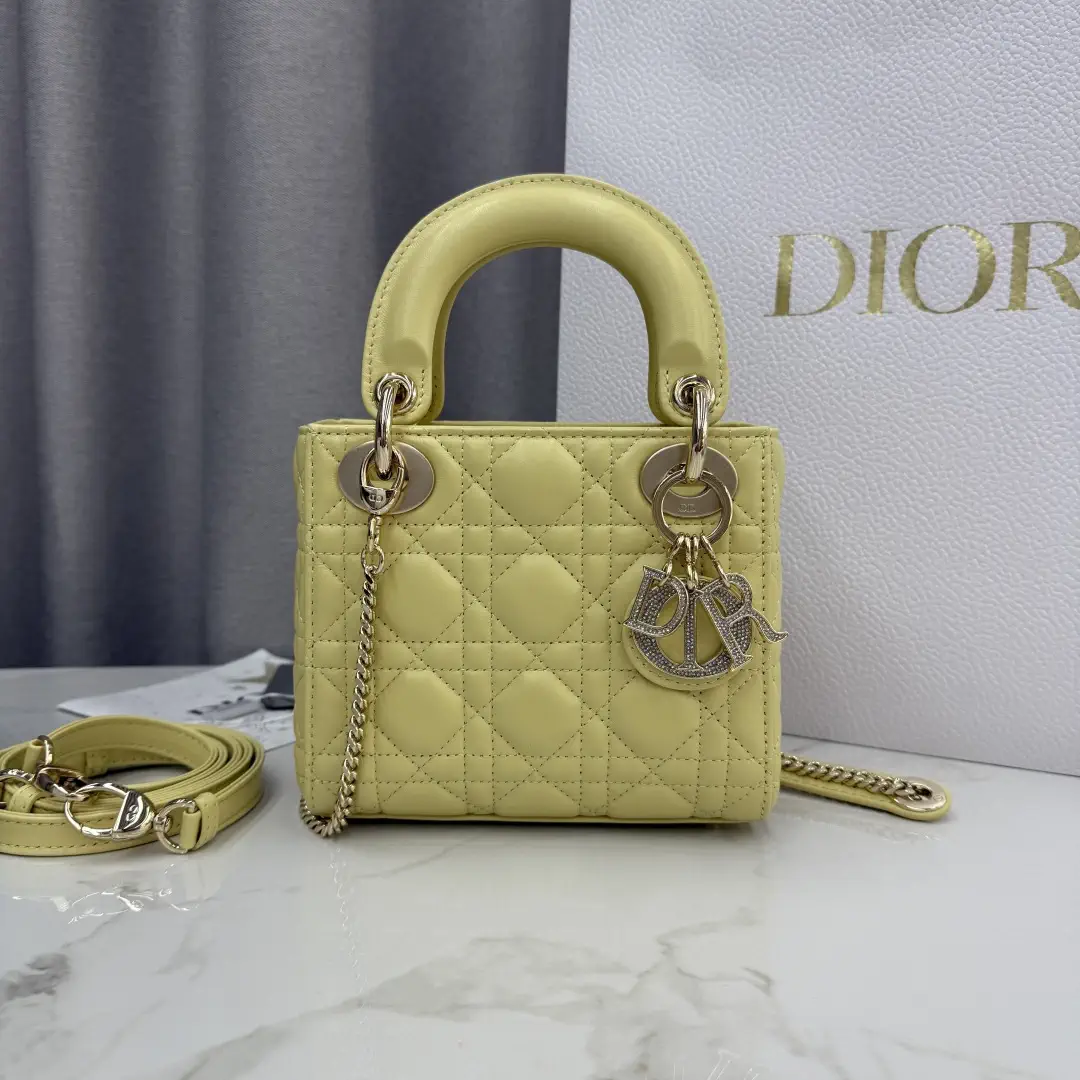Dior Pale Yellow Quilted Mini Lady Dior Top Handle Bag image 1