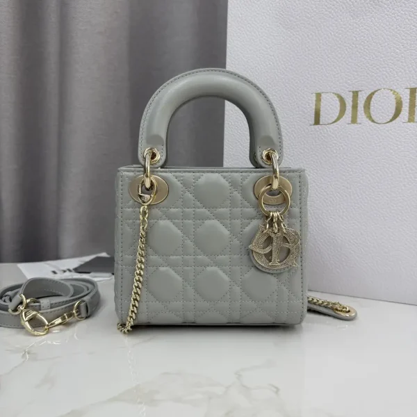 Dior Cloud Grey Lambskin Quilted Mini Lady Dior Bag with Diamond Charm image 1