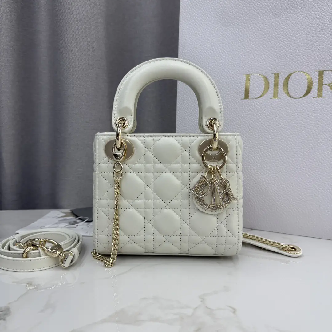 Dior White Quilted Mini Lady Dior Top Handle Bag image 1