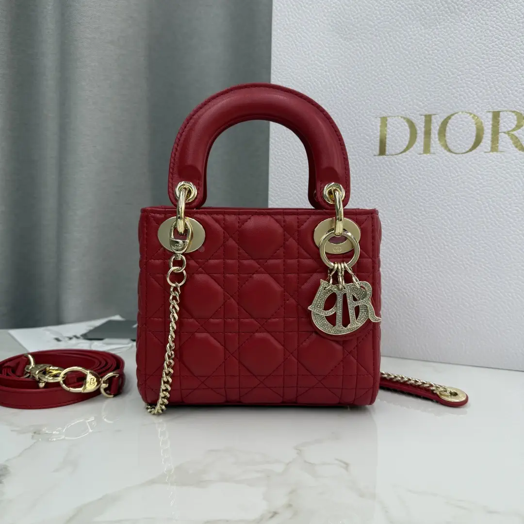 Dior Red Quilted Lambskin Mini Lady Dior Top Handle Bag image 1