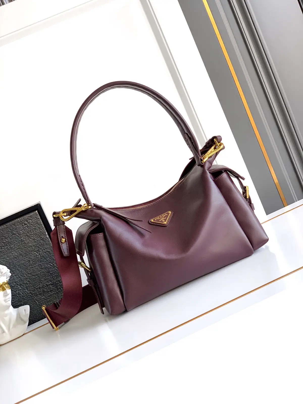 Prada Burgundy Leather Shoulder Bag image 1