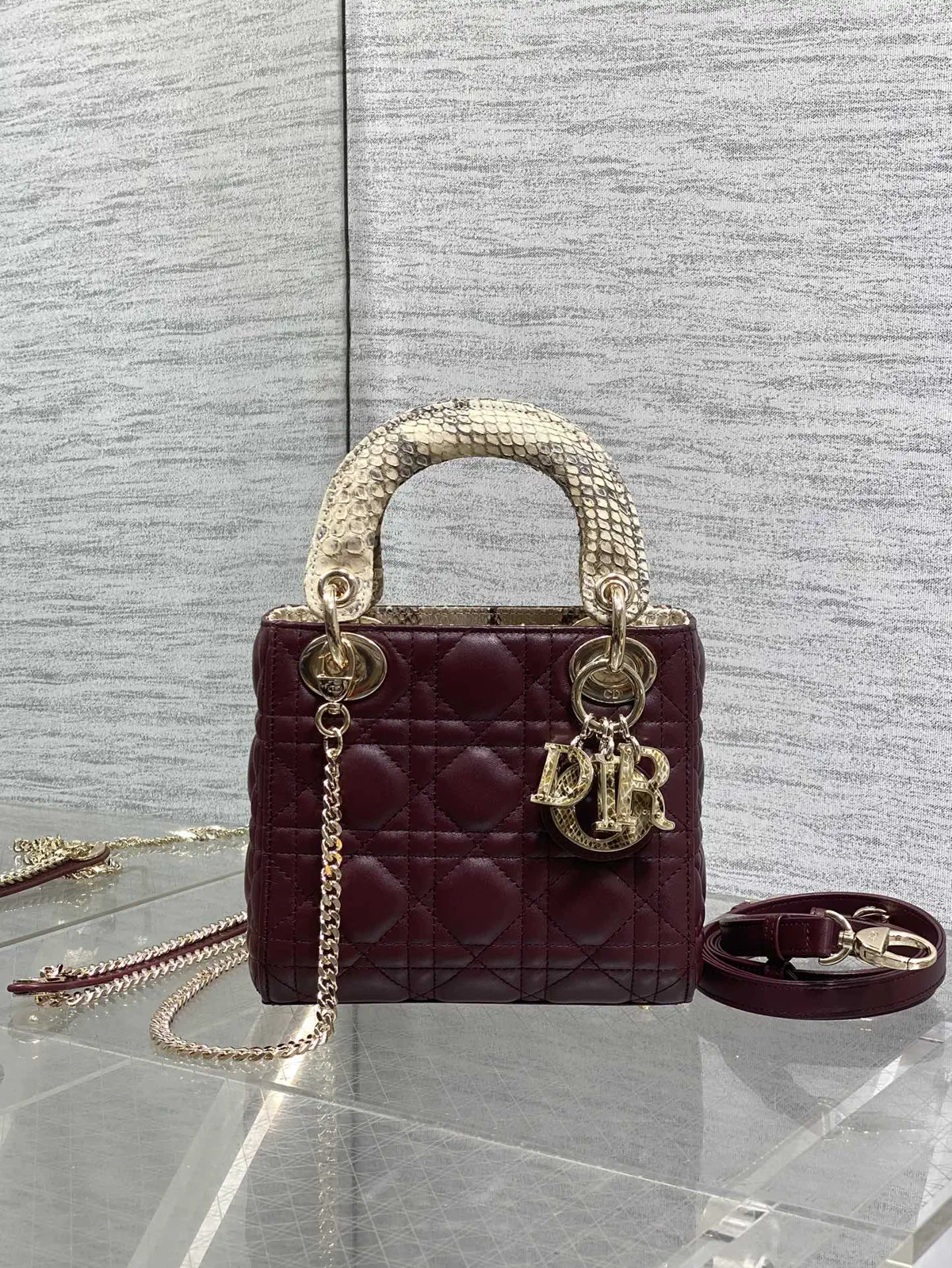 Dior Burgundy Quilted Top Handle Bag with Snakeskin Handle image 1