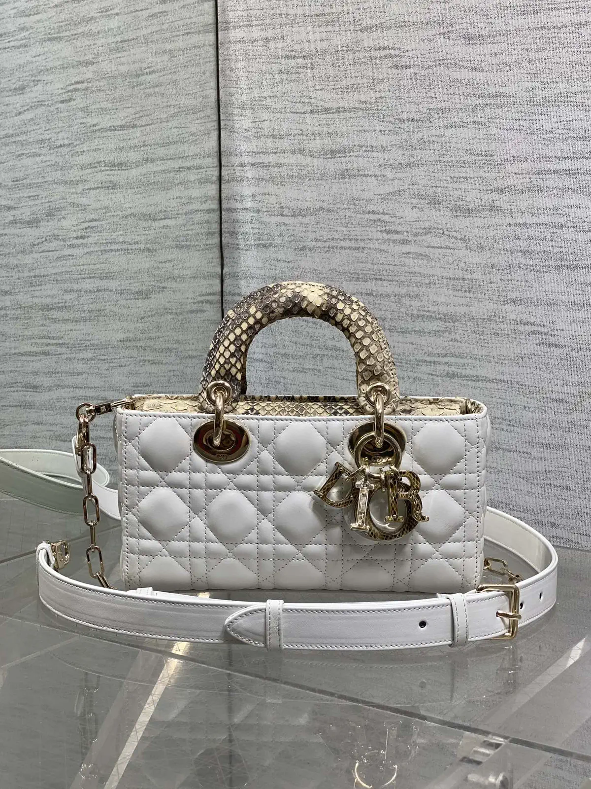 Dior White Quilted Top Handle Bag with Snakeskin Handle image 1