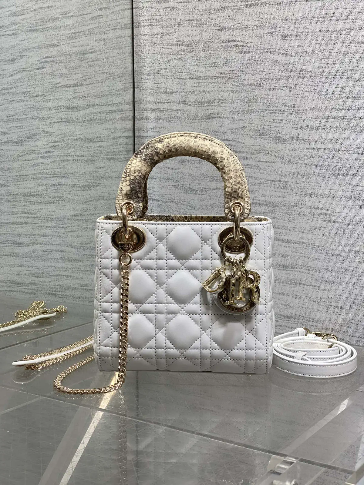 Dior White Quilted Top Handle Bag with Snakeskin Handle image 1