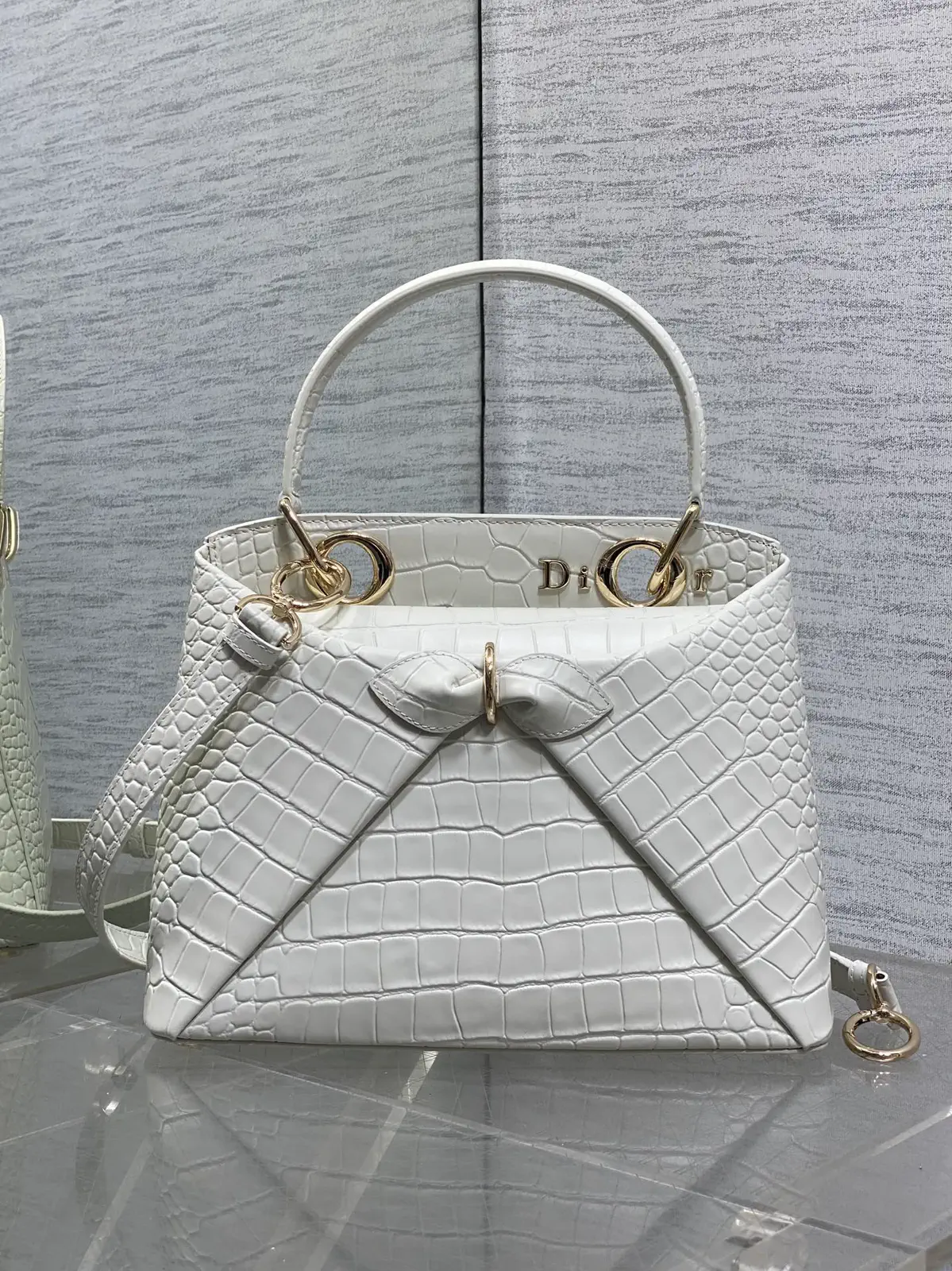 Dior White Croc-Embossed Bow Top Handle Bag image 1