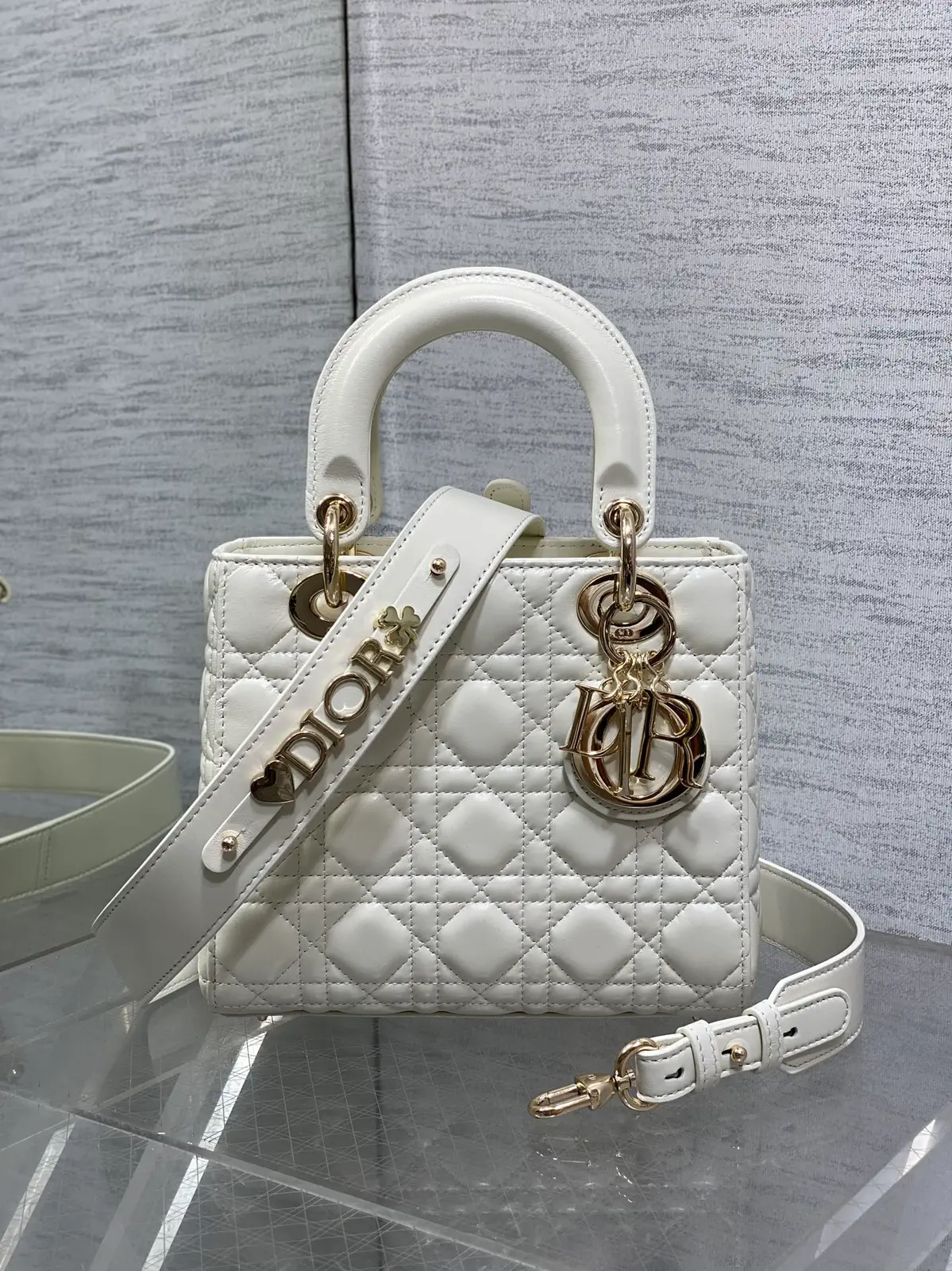 Dior White Quilted Top Handle Bag with Decorative Shoulder Strap image 1
