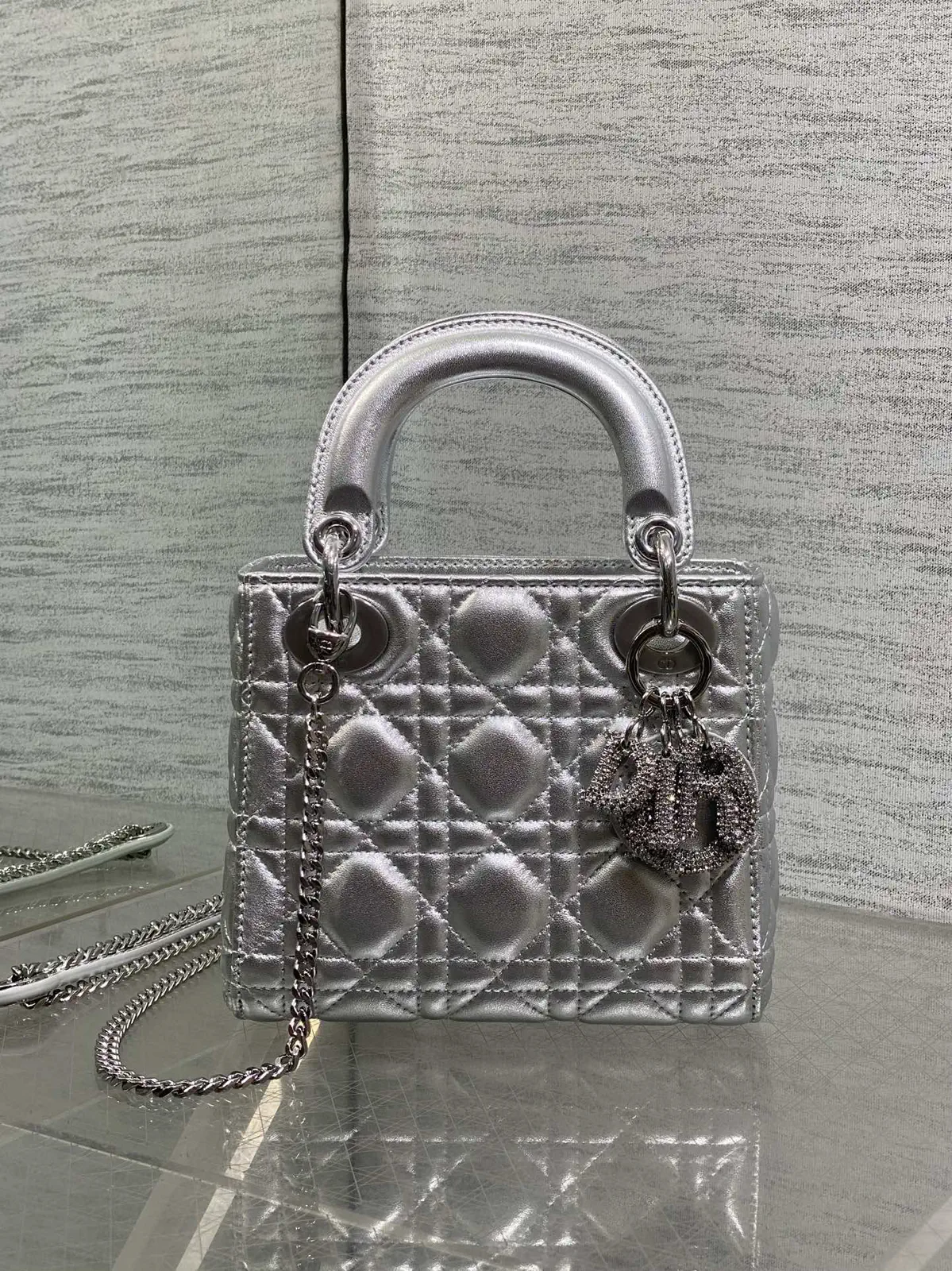 Dior Metallic Silver Quilted Top Handle Bag with Crystal Charm image 1
