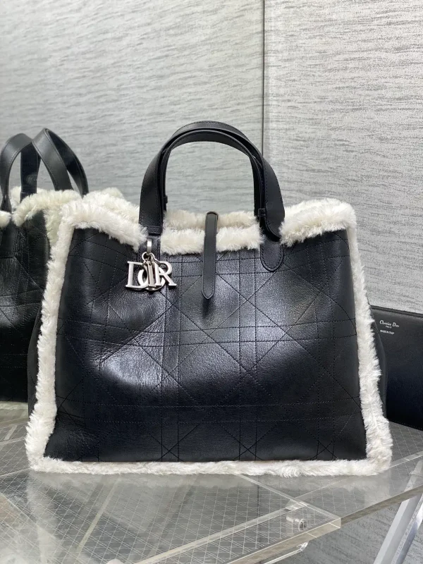 Dior Black Quilted Leather with Shearling Trim Tote Bag image 1