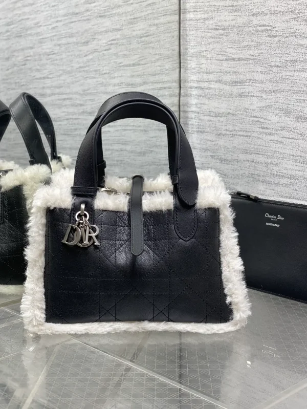 Dior Black Quilted Top Handle Bag with Shearling Trim image 1