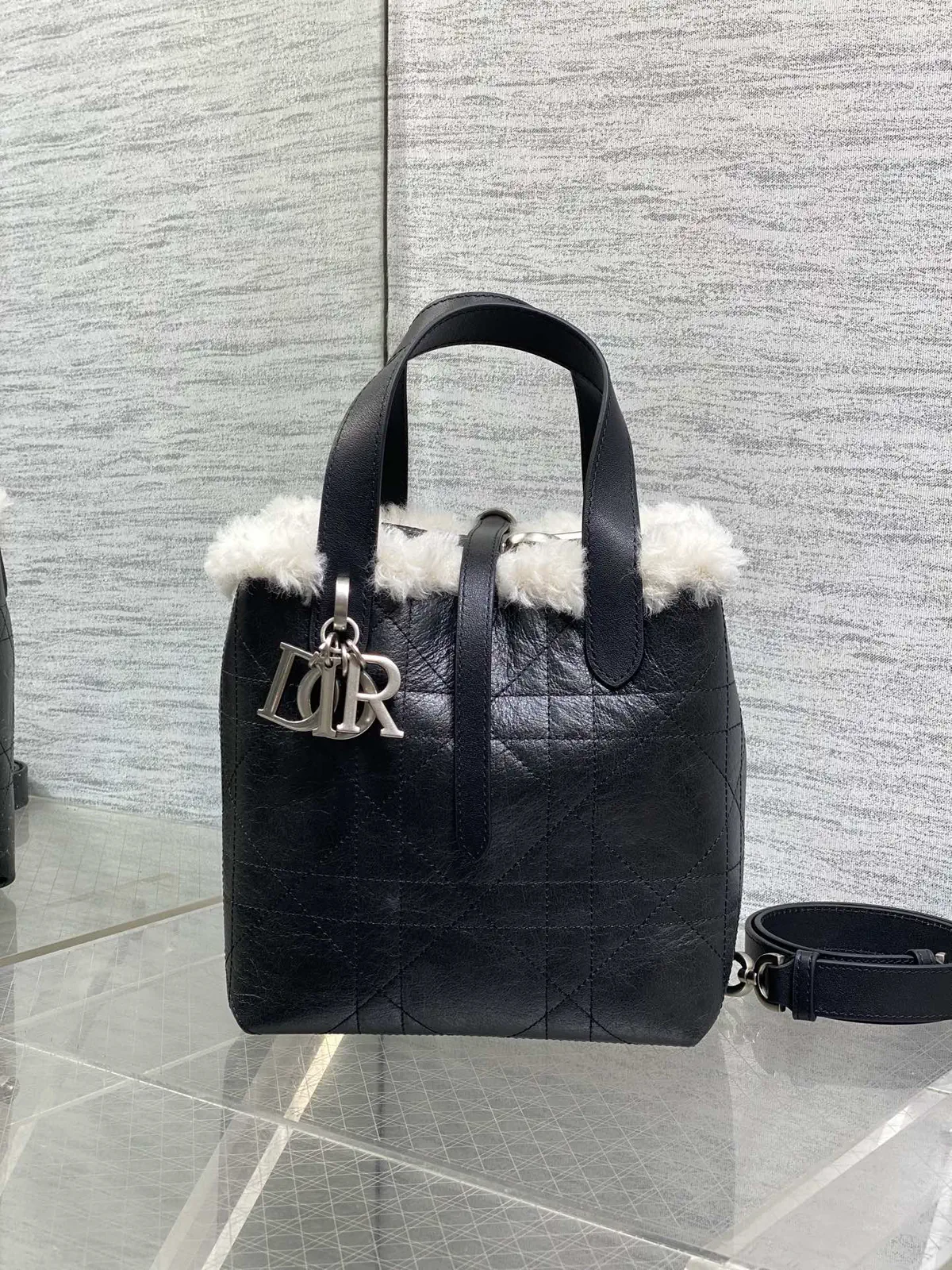 Dior Black Quilted Top Handle Bag with Shearling Trim image 1
