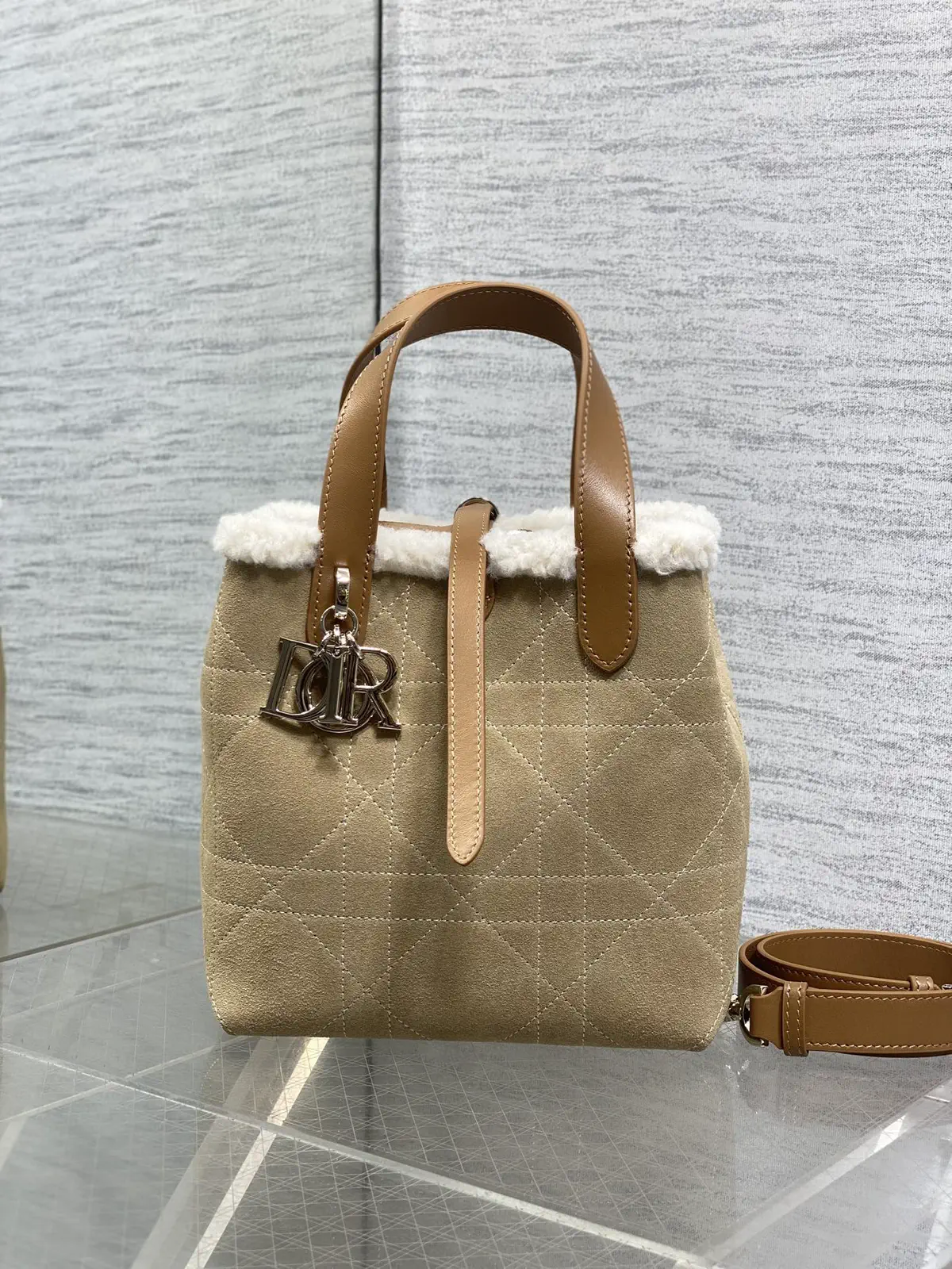 Dior Beige Suede Small Bucket Bag with Shearling Trim image 1