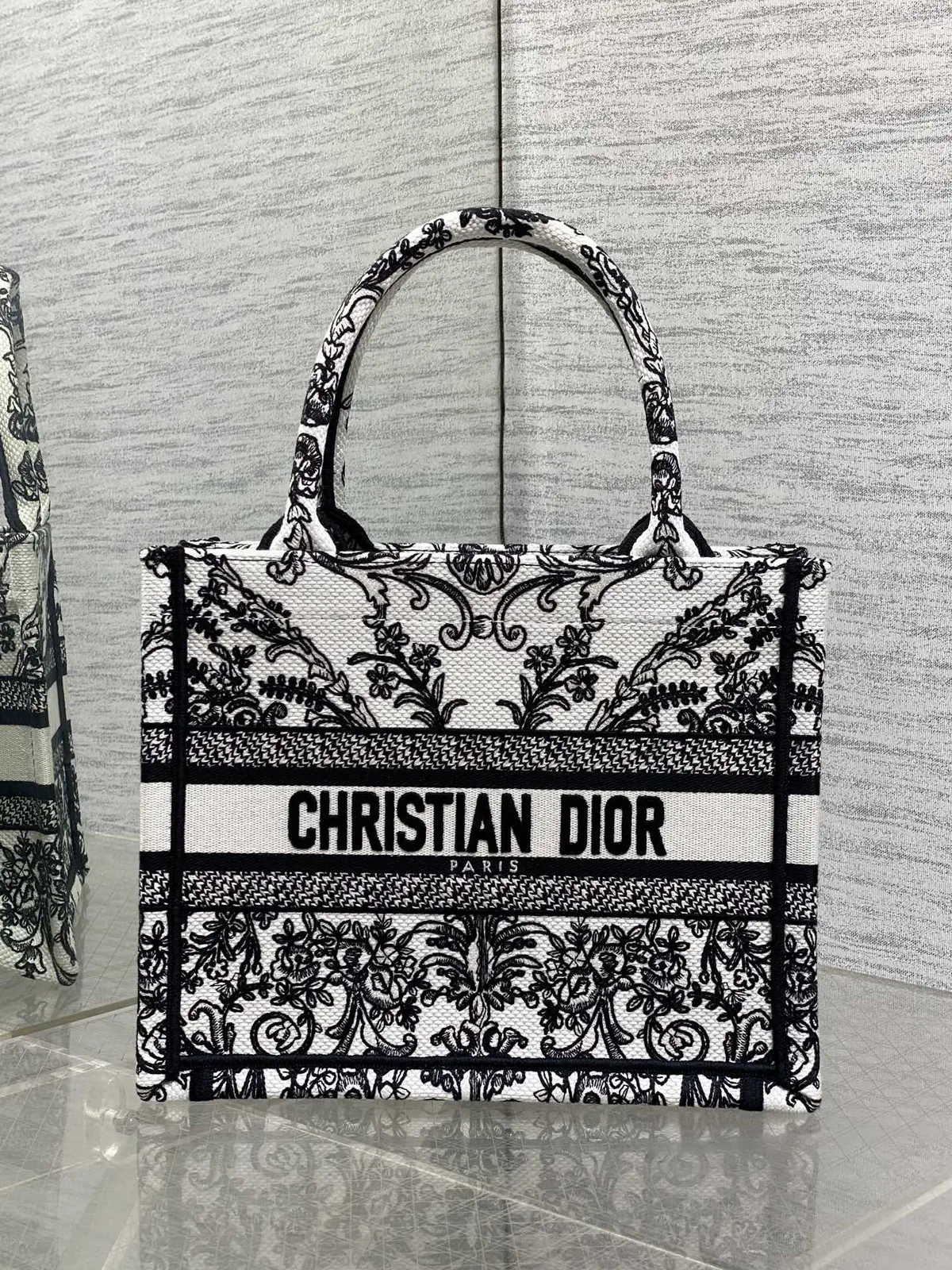 Dior Black and White Lace Embroidered Book Tote Bag image 1