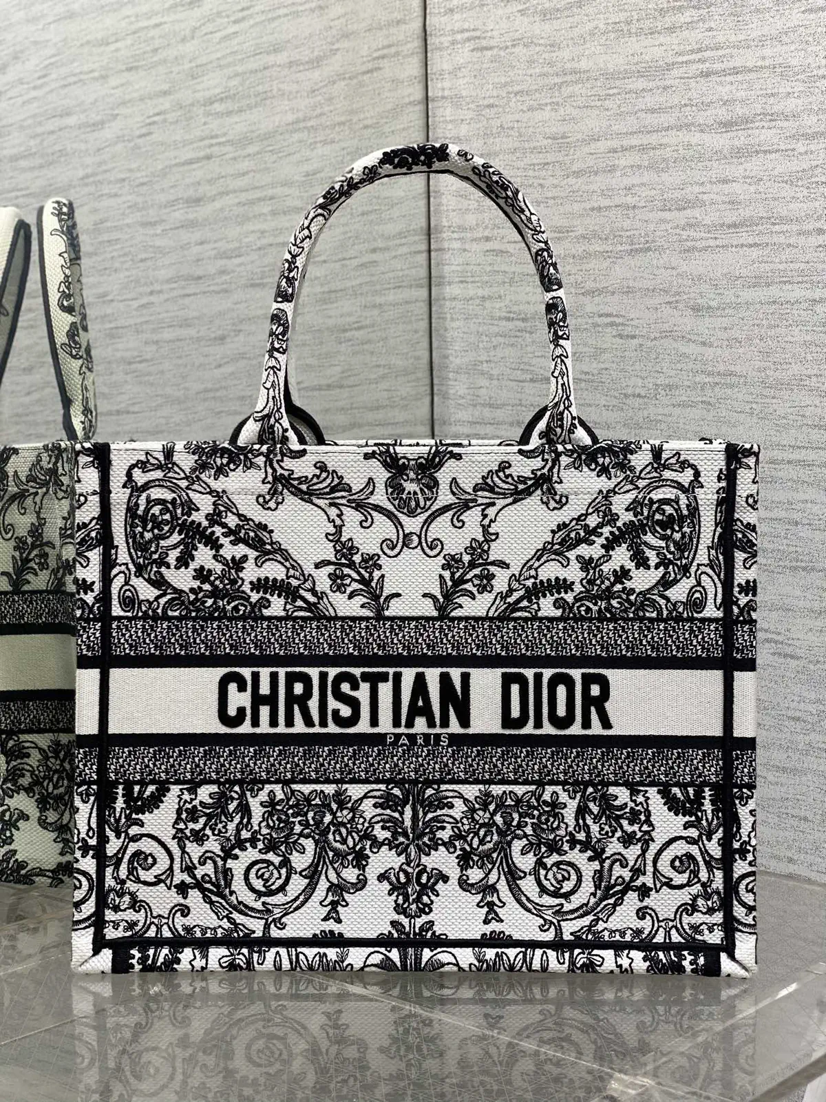 Dior Black and White Lace Embroidered Book Tote Bag image 1