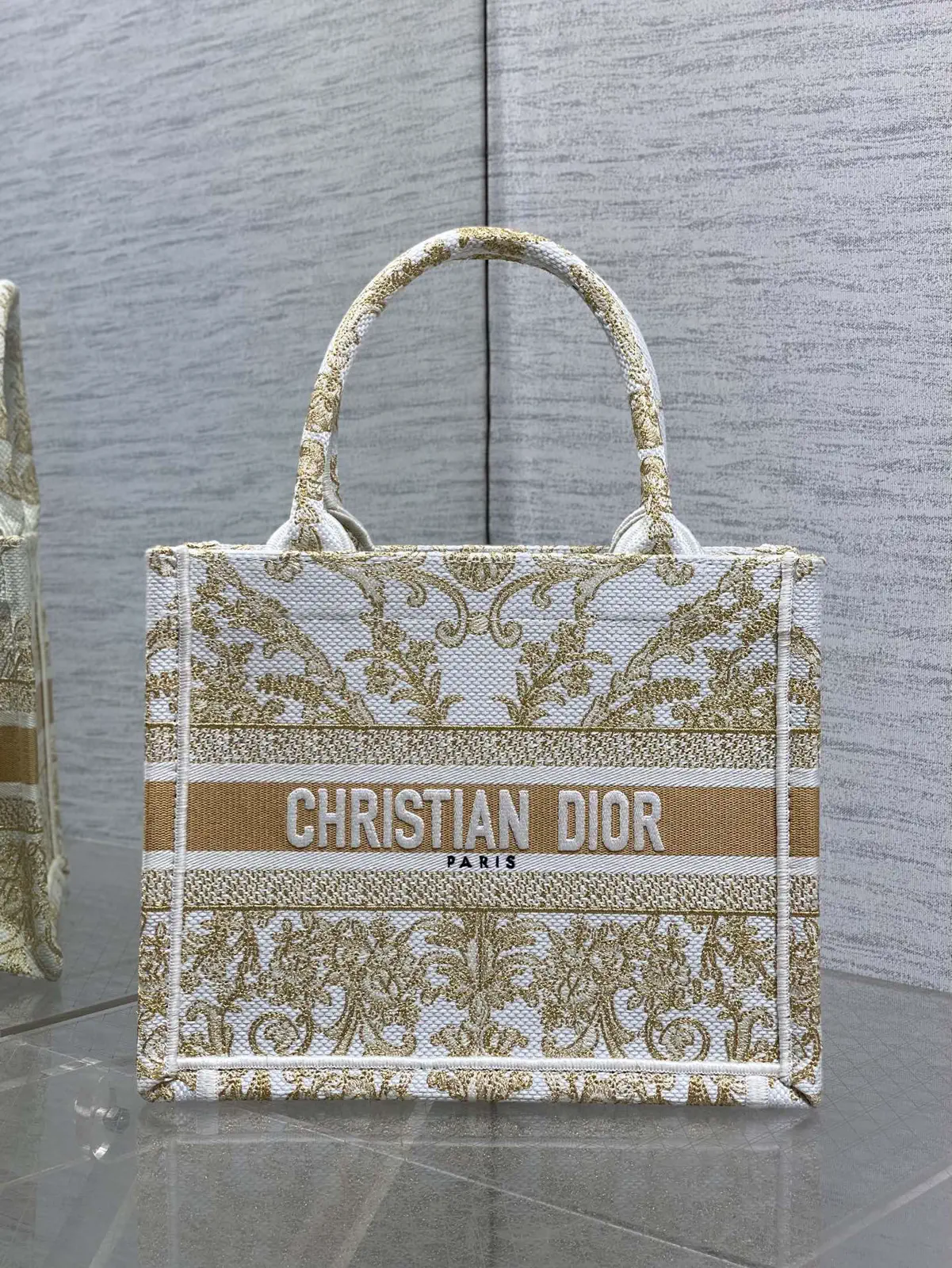 Dior White and Gold Embroidered Book Tote Bag image 1
