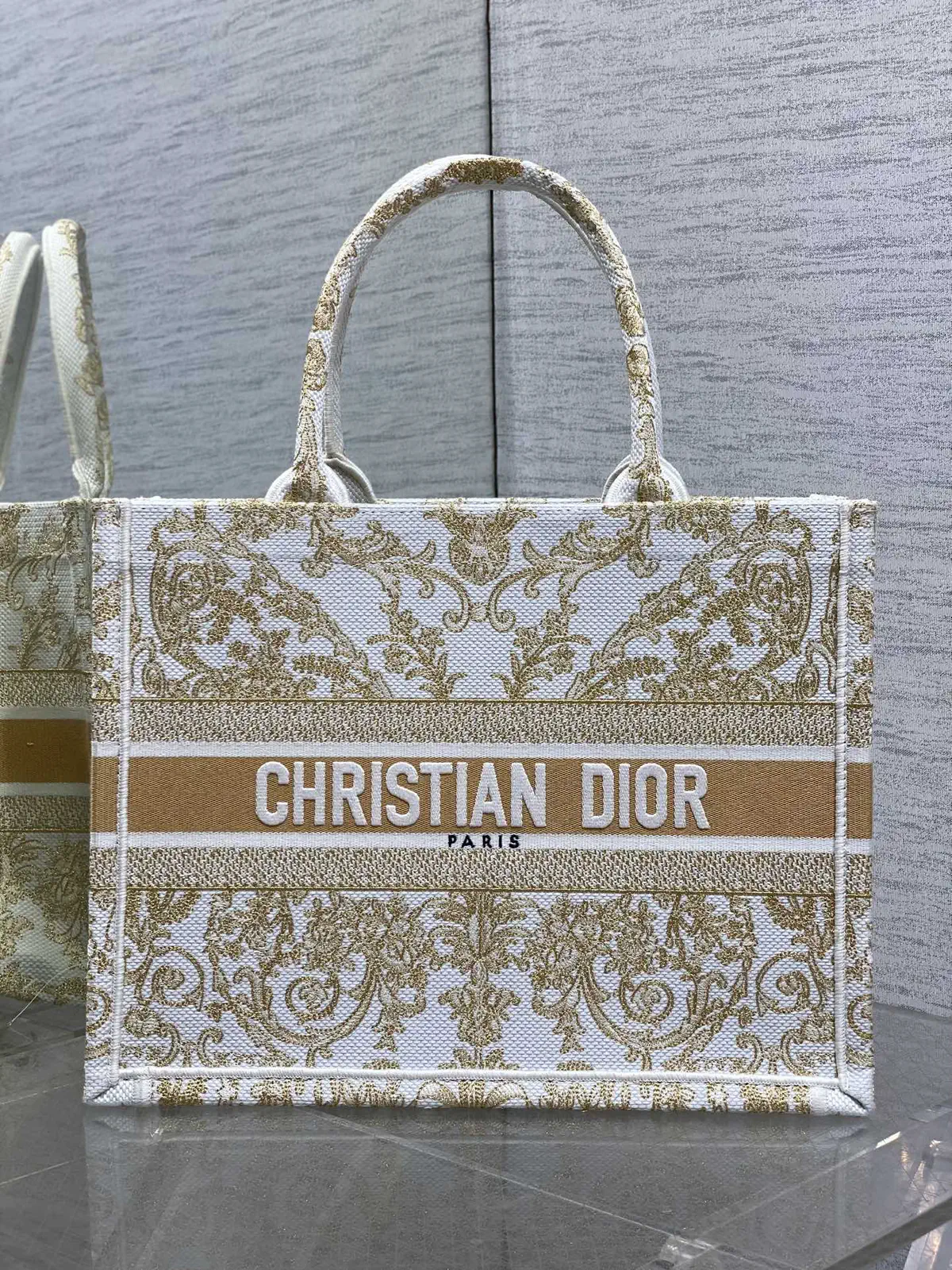 Dior White and Gold Embroidered Book Tote Bag image 1
