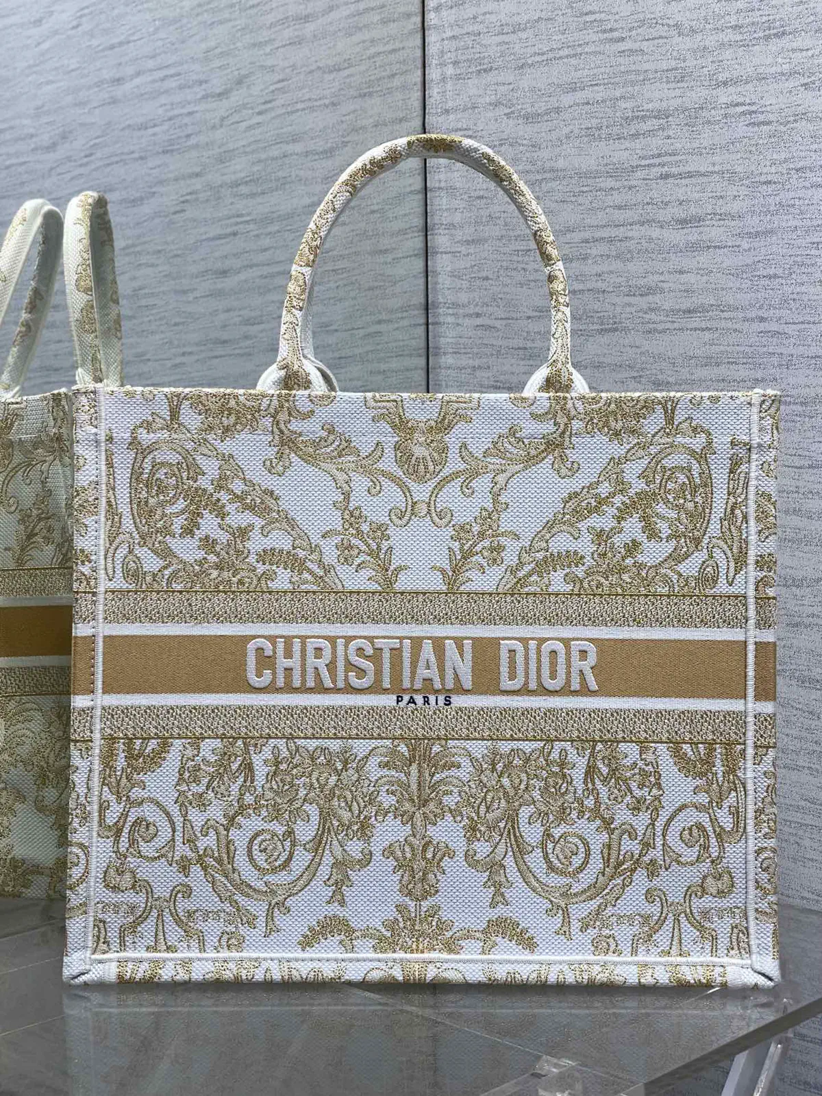 Dior White Gold Embroidered Book Tote Bag image 1