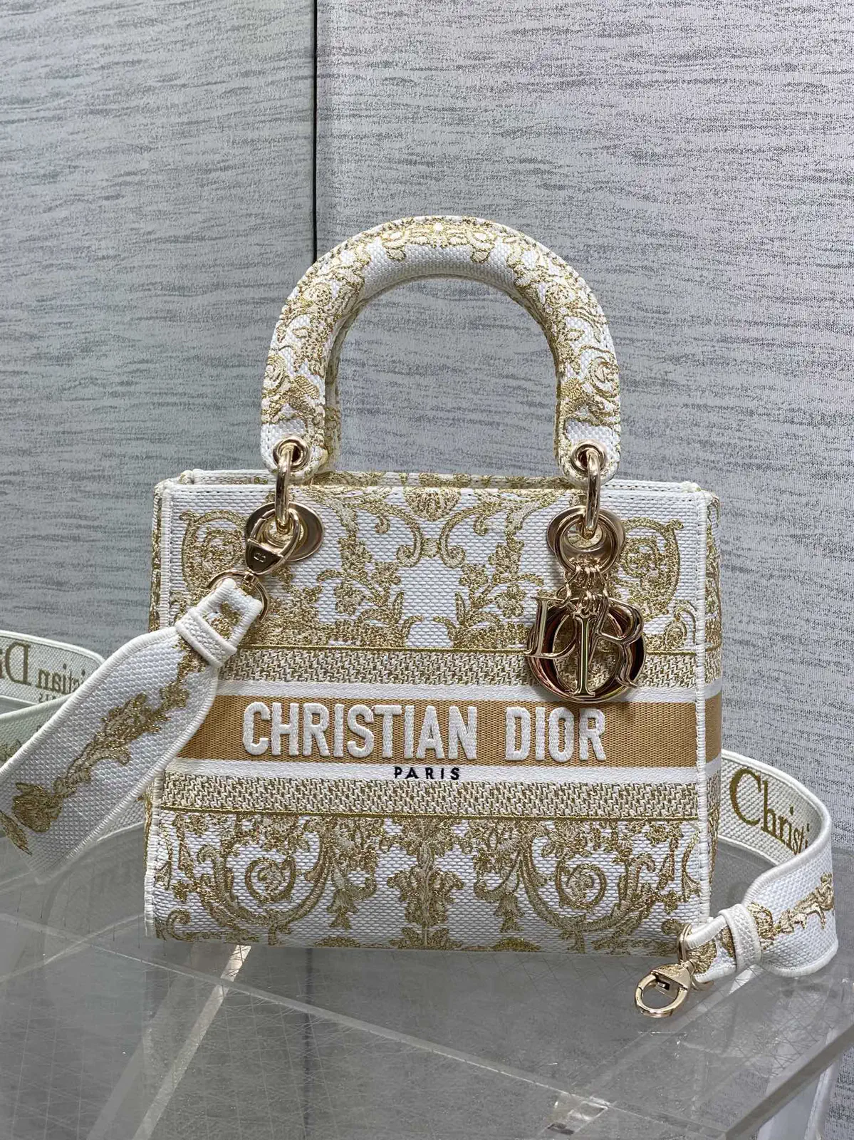 Dior White Gold Embroidered Top Handle Bag image 1