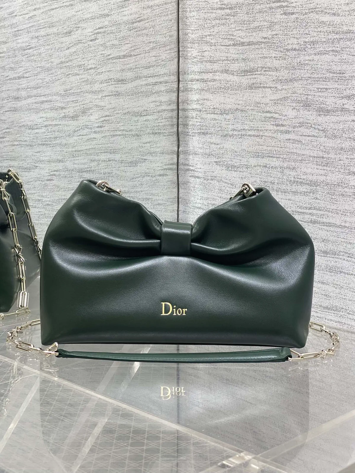 Dior Dark Green Bow Detail Lambskin Chain Bag image 1