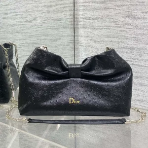 Dior Black Ostrich-Embossed Bow Detail Chain Bag image 1