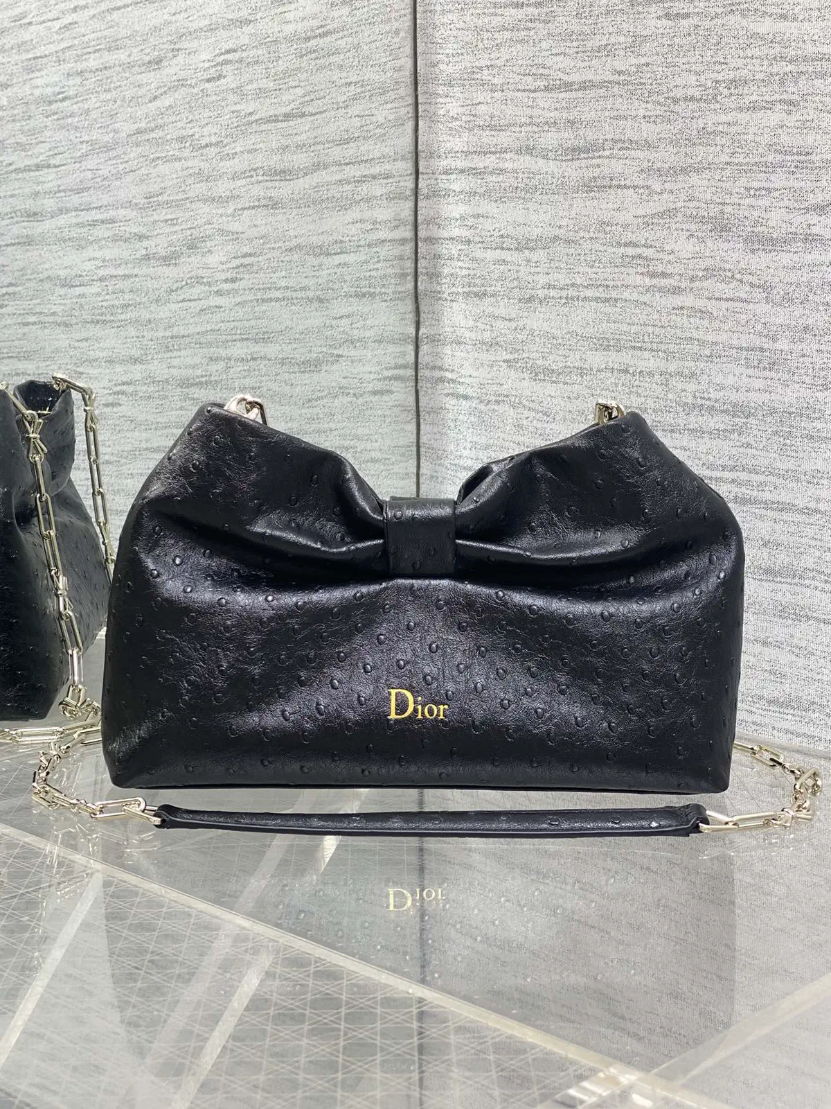 Dior Black Ostrich-Embossed Bow Detail Chain Bag image 1