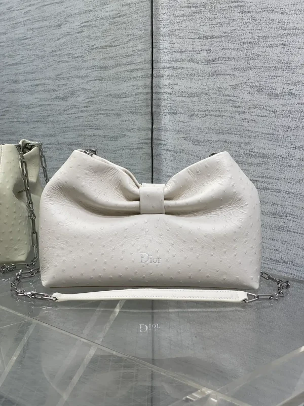 Dior White Ostrich-Embossed Bow Detail Chain Bag image 1