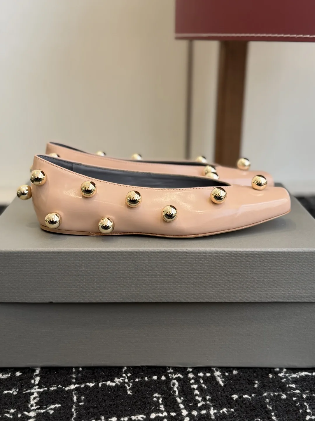 Studded Square Toe Patent Leather Ballet Flats image 1