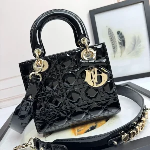 Dior Black Patent Cannage Mini Top Handle Bag with Bow Charm image 1