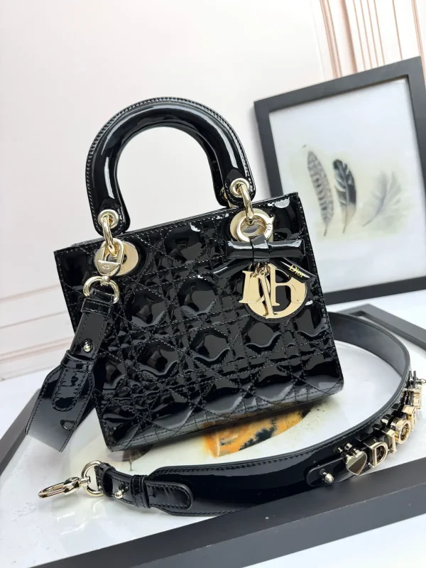 Dior Black Patent Cannage Mini Top Handle Bag with Bow Charm image 1