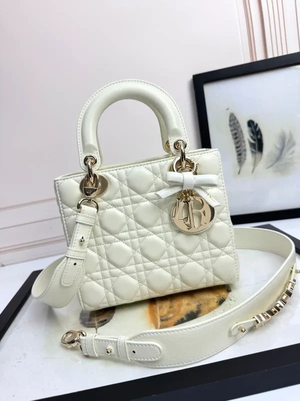 Dior White Quilted Mini Top Handle Bag with Bow Charm image 1